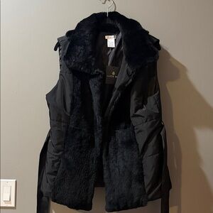PATTY KIM Black Rabbit Fur Vest Body Warmer Hook Closure Large NWT Belted NEW